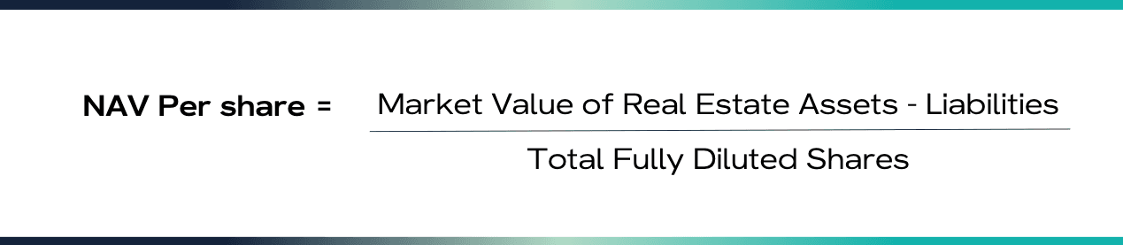 NAV Per Share= (Market Value of Real Estate Assets - Liabilities) / Total Fully Diluted Shares